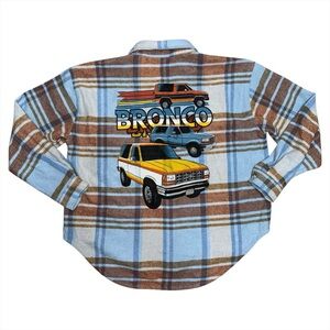 Ford Bronco Flannel Shirt Womens L Blue Plaid Button Up Shacket Official Retro